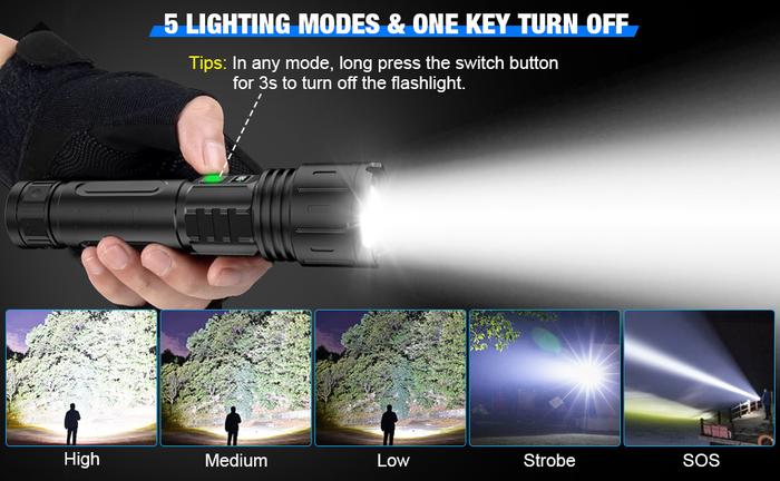 100000LM Super Bright Rechargeable Tactical LED Flashlight, World's Brightest Flashlight with 5 Modes and Waterproof Design