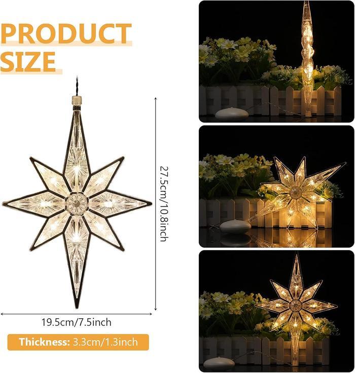 3pcs Bethlehem Christmas Star Lights, Plastic Lighted Star Tree Topper, Large Hanging Window Lights, LED Star Window Silhouette Decoration