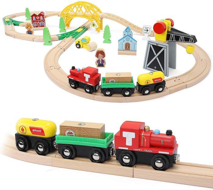 85pcs Wooden Train Set with Crane, Wooden Train Tracks Toy Train Set, Wooden Toys Train Set for Kids