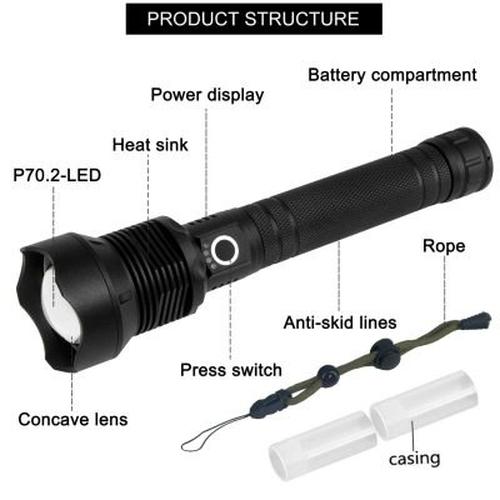 90000 Lumens Rechargeable XHP70.2 LED Flashlight for Outdoor