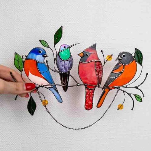 Birds Stained Glass Window Hangings, Independent Station Small Bird Painted Window Decoration