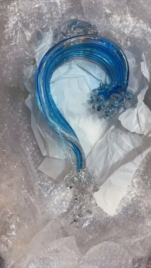 Blue Glass Beach House Decor, Hand Blown Glass Ocean Wave Decor, Tall Blue Glass Sculpture Home Decor photo review