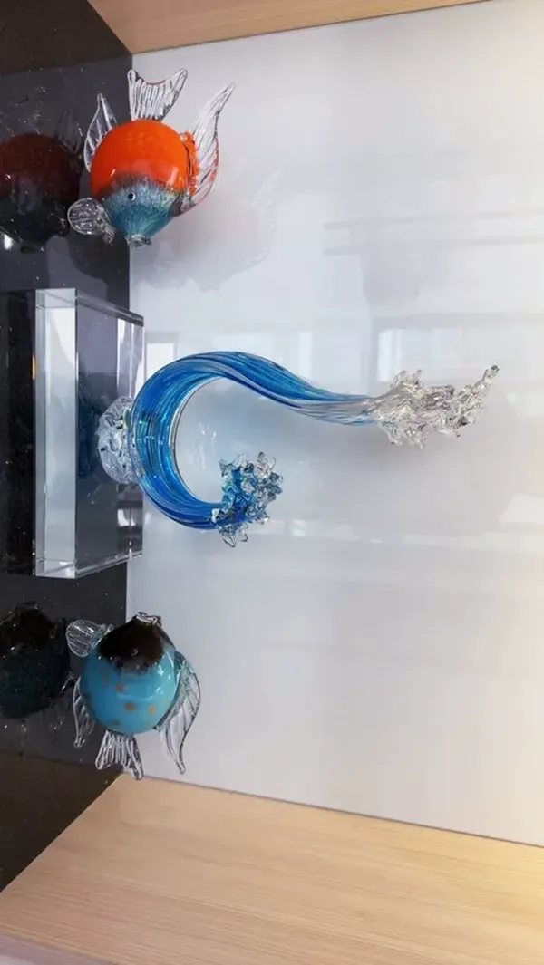 Blue Glass Beach House Decor, Hand Blown Glass Ocean Wave Decor, Tall Blue Glass Sculpture Home Decor photo review