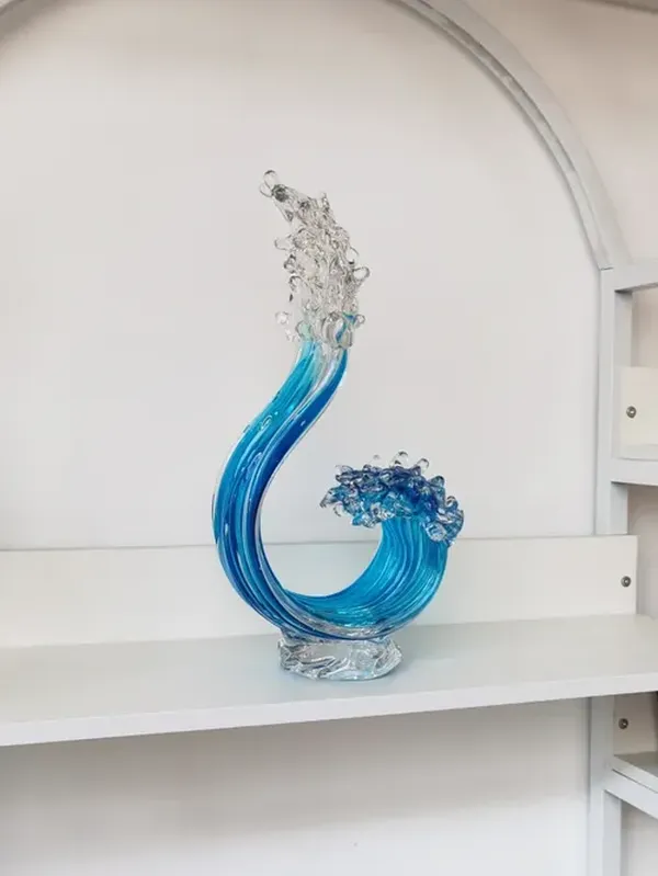 Blue Glass Beach House Decor, Hand Blown Glass Ocean Wave Decor, Tall Blue Glass Sculpture Home Decor photo review