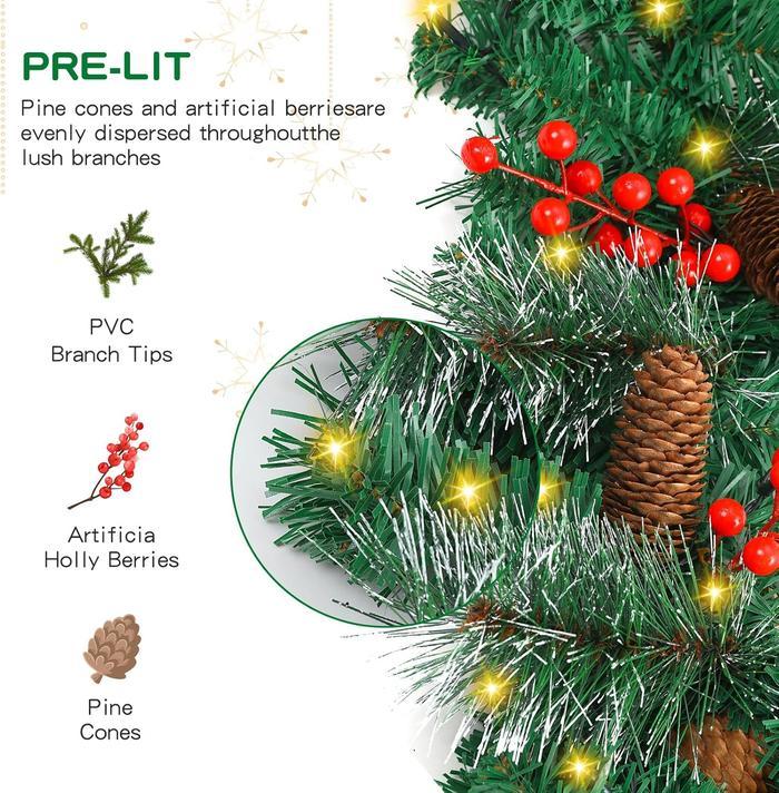 Christmas Garland Decoration with Warm LED Lights, Pre-Lit Lighted Christmas Garland Decorated with Pine Cones