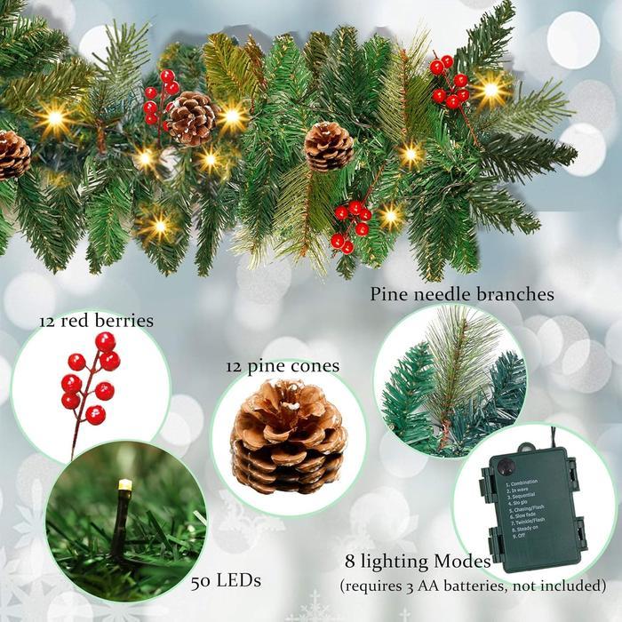 Christmas Garland Decoration with Warm LED Lights, Pre-Lit Lighted Christmas Garland Decorated with Pine Cones