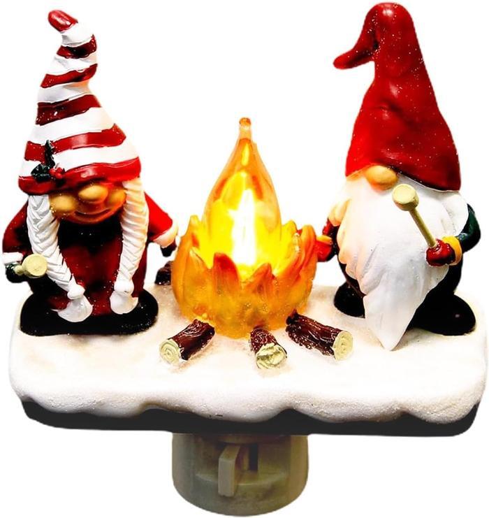 Christmas Gnome Campfire Nightlight, 3D Stereo Gnome Christmas Eve Lights, LED Faux Campfire Lamp Christmas Decoration