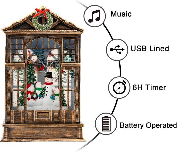 Christmas Snow Globe Swirling Glittering Snowman Choir Manger Scene, USB Lined/Battery Operated Lighted Water Lantern, Christmas Music Box