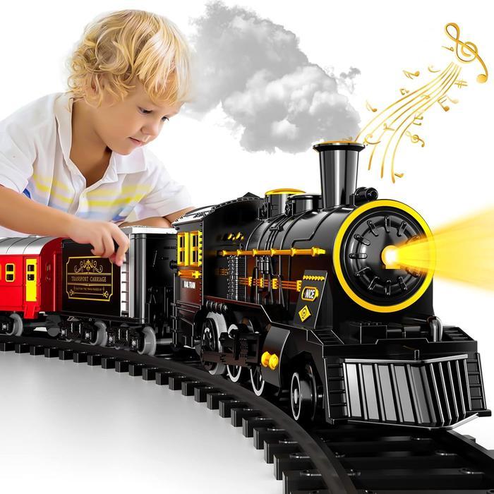 Christmas Train, Electric Train Set with Retro Classic Steam Engine Wagon, Battery Powered Train Playset with Smoke Lights and Sounds