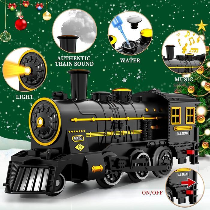 Christmas Train, Electric Train Set with Retro Classic Steam Engine Wagon, Battery Powered Train Playset with Smoke Lights and Sounds