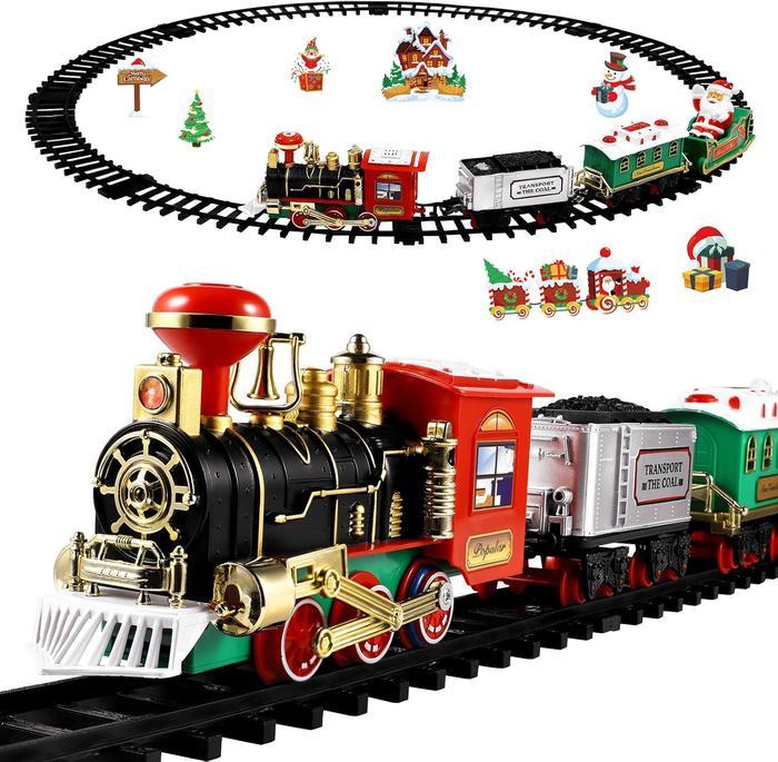 Christmas Train Sets for Under The Tree, Christmas Railway Train Set with Railway Track, Lights and Sounds Electric Train Set