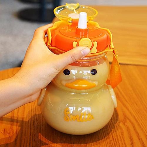 Cute Duck Water Bottle with Straw for Girls, Big Belly Plastic Cup