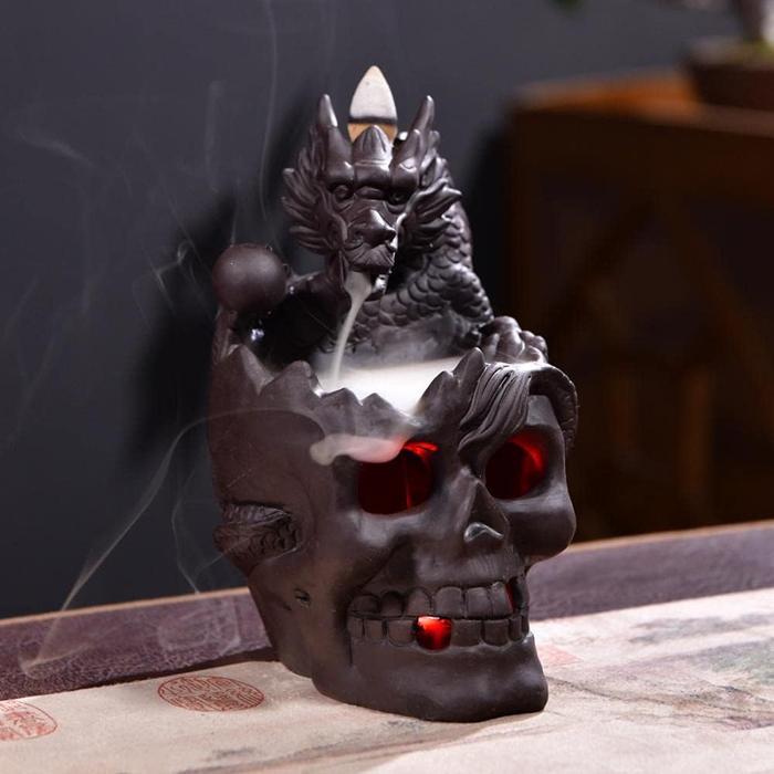 Dragon Incense Holder Waterfall with LED, Skull Head Dragon Incense Burner, Ceramic Backflow Incense Holder