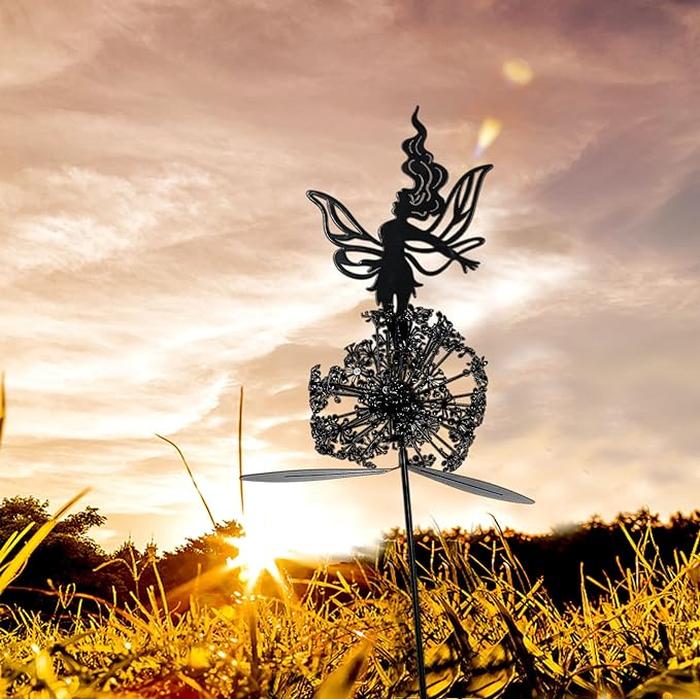 Fairy Steel Garden Sculptures, Flower Fairy Dancing with Dandelion Garden Art Sculpture Stainless Steel Statue