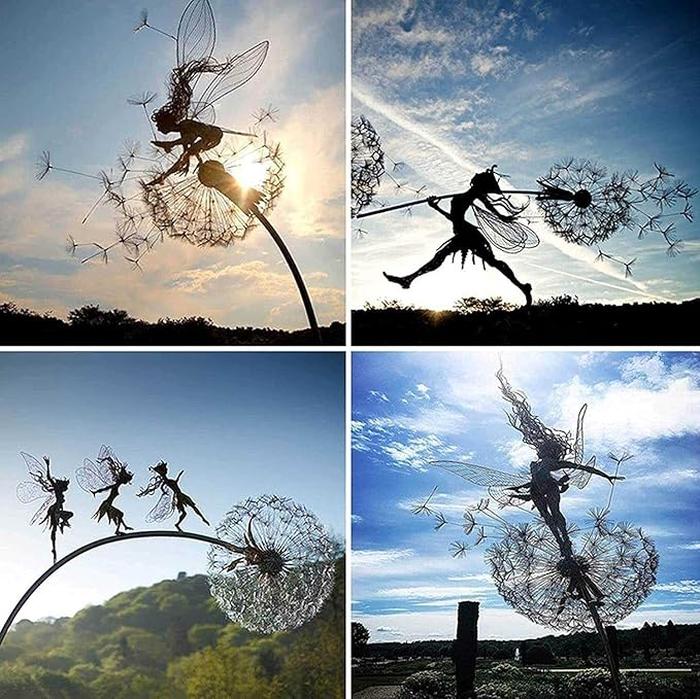 Fairy Steel Garden Sculptures, Flower Fairy Dancing with Dandelion Garden Art Sculpture Stainless Steel Statue