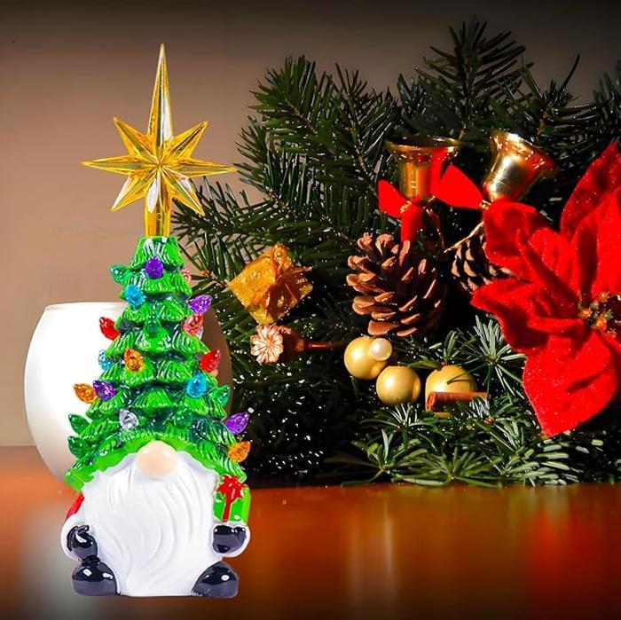 Gnomes Christmas Decorations, Lighted Up Gnomes Ceramic Christmas Tree with Multicolored Lights, Small Mini Pre Lit Xmas Holiday Decor