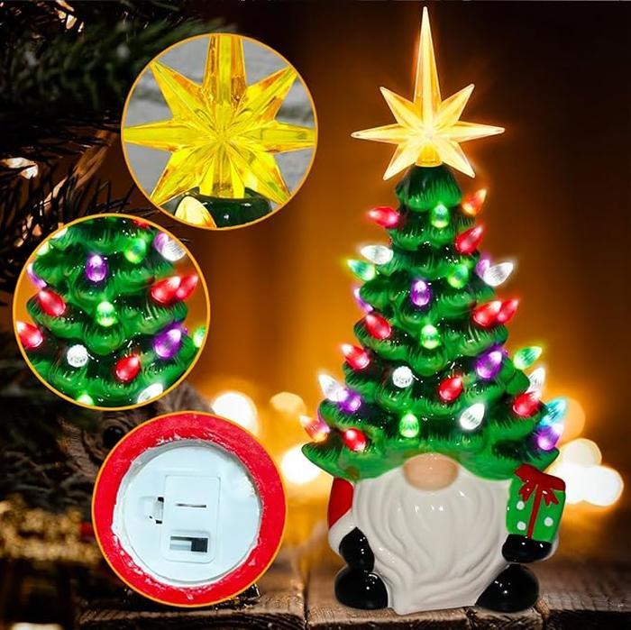 Gnomes Christmas Decorations, Lighted Up Gnomes Ceramic Christmas Tree with Multicolored Lights, Small Mini Pre Lit Xmas Holiday Decor