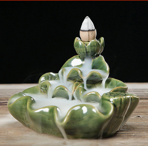 Green Lotus Waterfall Incense Burner - Aromatic Smoke Flows Down Like a Waterfall