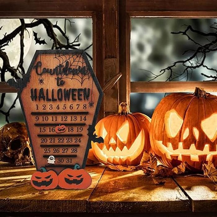 Halloween Advent Countdown Calendar, Funny Halloween Coffin Calendar with Movable Block Bats Pumpkins Ghosts Wooden