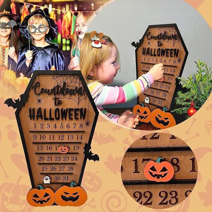 Halloween Advent Countdown Calendar, Funny Halloween Coffin Calendar with Movable Block Bats Pumpkins Ghosts Wooden