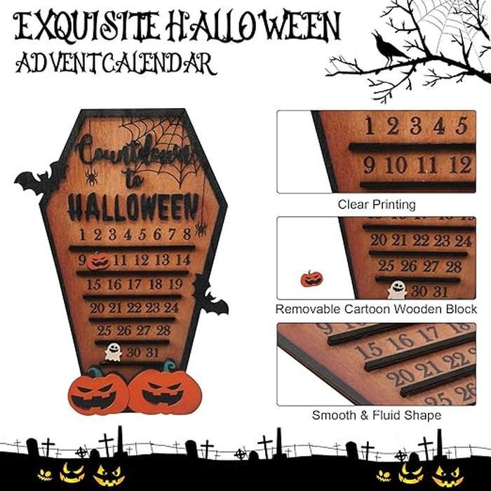 Halloween Advent Countdown Calendar, Funny Halloween Coffin Calendar with Movable Block Bats Pumpkins Ghosts Wooden