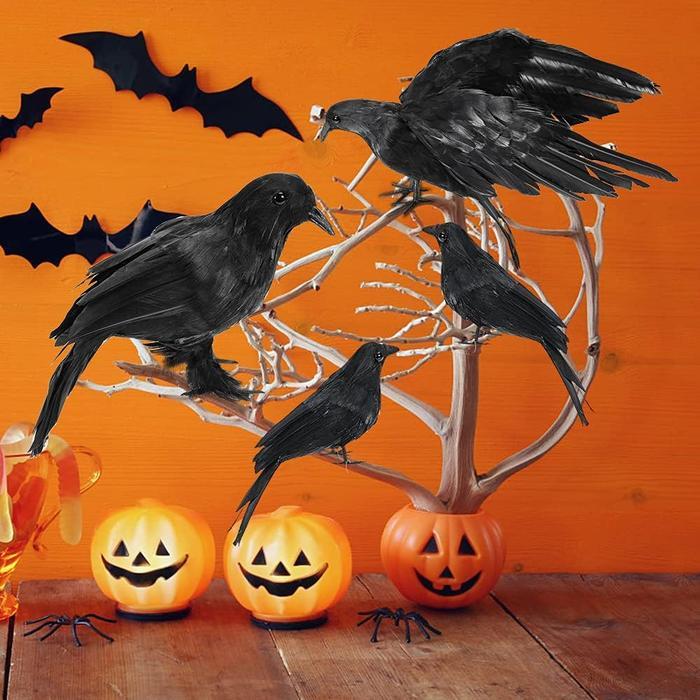 Halloween Black Crows, Realistic Feathered Crow Ravens Prop for Indoor Outdoor Halloween Party Decoration