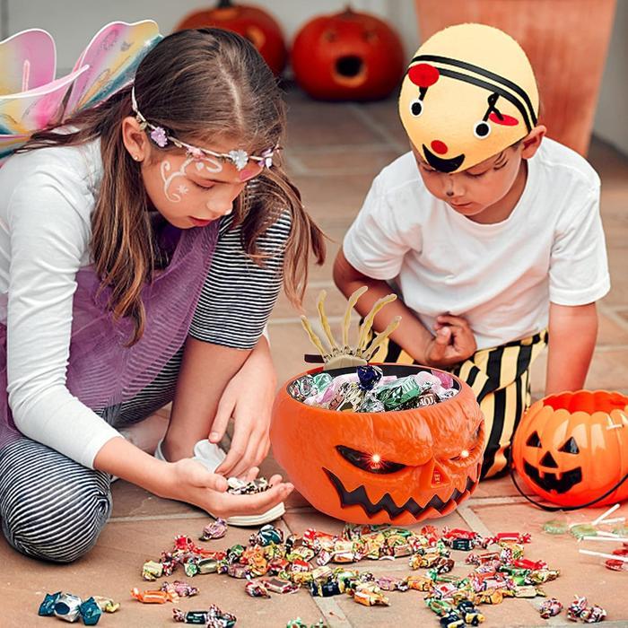 Halloween Candy Bowl, Animated Pumpkin Candy Holder, Lighted Red Eyes and Sound Candy Dish with Motion Activated