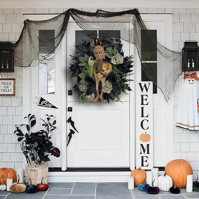 Halloween Mummy Wreath for Front Door, Realistic Mummy Halloween Door Wreath with Spider and Halloween Lanterns