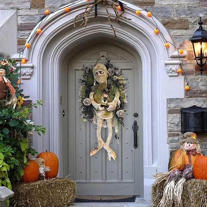 Halloween Mummy Wreath for Front Door, Realistic Mummy Halloween Door Wreath with Spider and Halloween Lanterns