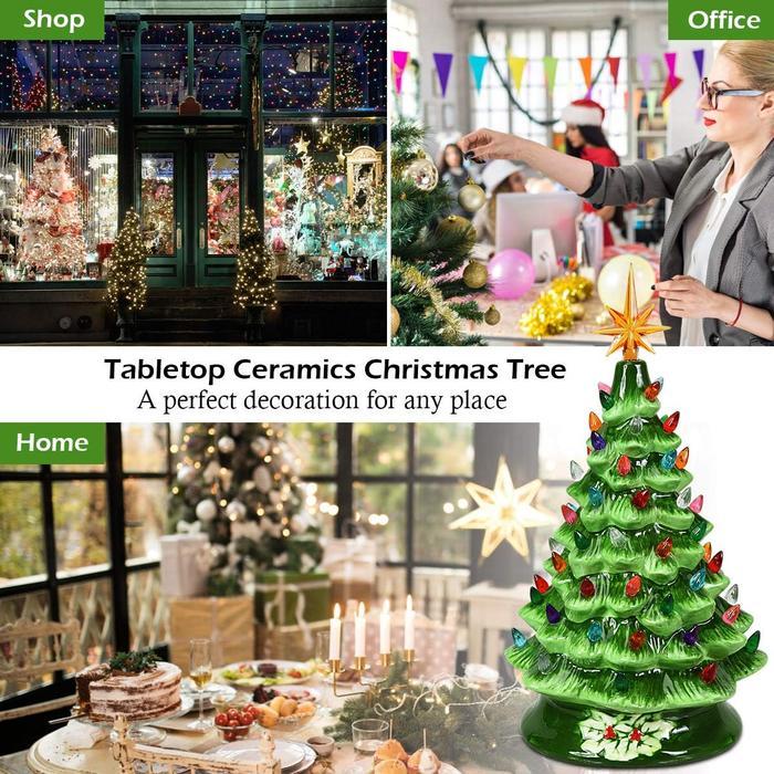 Hand Painted Ceramic Christmas Tree, Green 15-inch Pre-Lit Tree