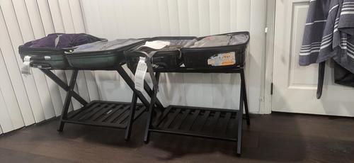 Fully Assembled Luggage Rack with Storage Shelf, Folding Suitcase Stand with Heavy-Duty Straps photo review