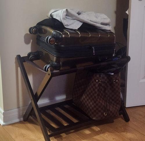 Fully Assembled Luggage Rack with Storage Shelf, Folding Suitcase Stand with Heavy-Duty Straps photo review