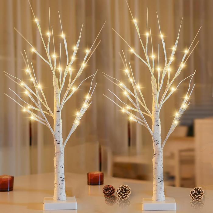 Lighted White Birch Tree for Christmas Decor, Table Decorations Indoor, 24 LED Tabletop Mini Artificial White Trees