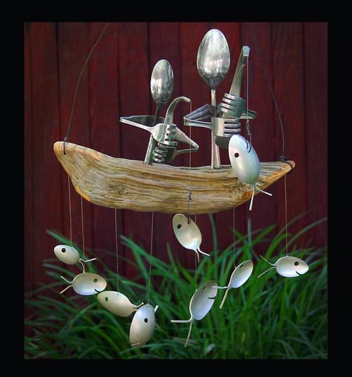 Lovely Fishing Man Spoon Fish Sculpture Wind Chime