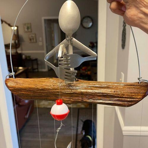 Lovely Fishing Man Spoon Fish Sculpture Wind Chime photo review