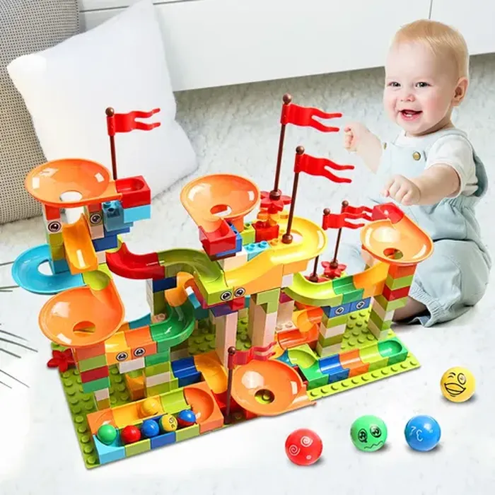 Marble Maze Game Building Toy for Kid, Marble Track Race Set & STEM Learning Toys, Marble Maze Ball Track Building Duplo Blocks