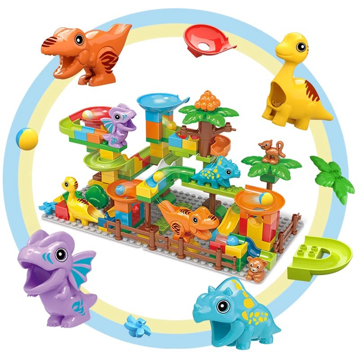 Marble Run Building Blocks Dino Toys, STEM Ball Race Track for Boys & Girls with Functional Dinosaur Building Blocks