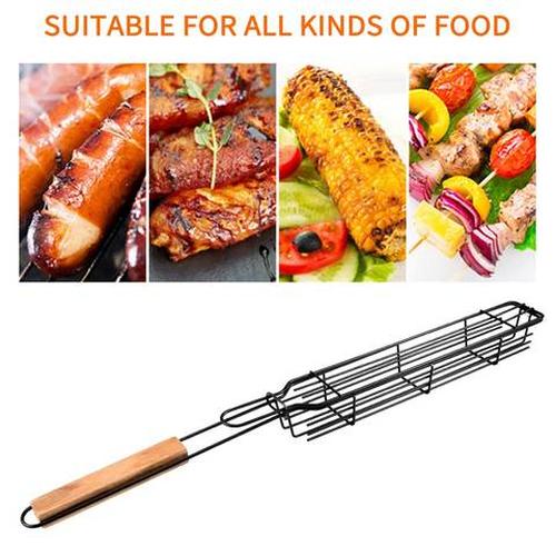 New Mesh Wooden Handle Sausage Clip Barbecue BBQ Tool Rack