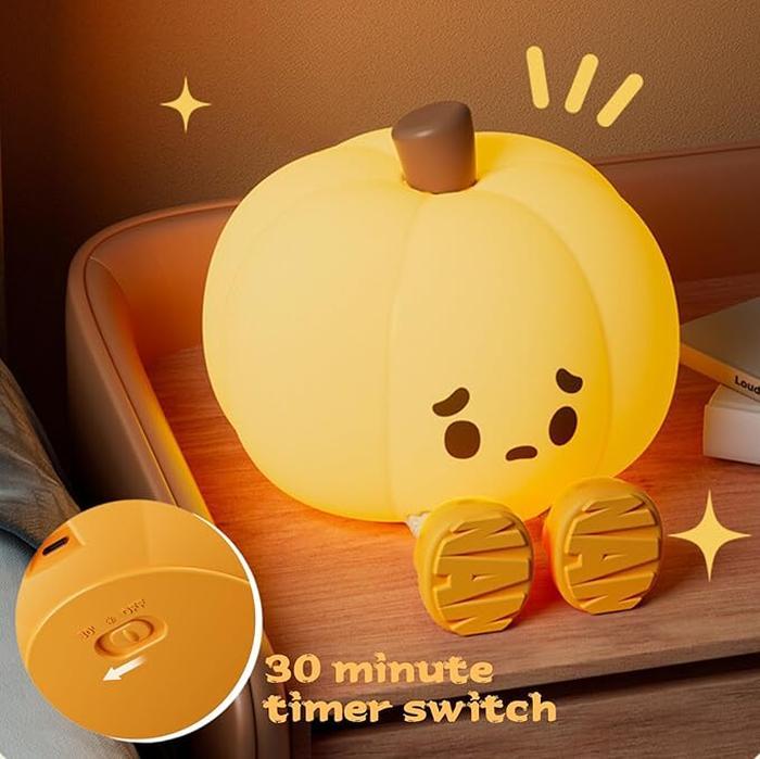 Pumpkin Night Light, Cute LED Lamp, Silicone Dimmable Nursery Nightlight for Kids, Silicone Rechargeable Bedside Touch Lamp