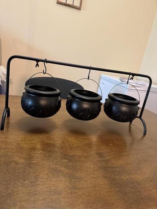 Set of 3 Witches Cauldron Serving Bowls on Rack, Black Plastic Hocus Pocus Candy Bucket Cauldron, Halloween Party Decorations photo review