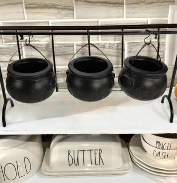 Set of 3 Witches Cauldron Serving Bowls on Rack, Black Plastic Hocus Pocus Candy Bucket Cauldron, Halloween Party Decorations photo review