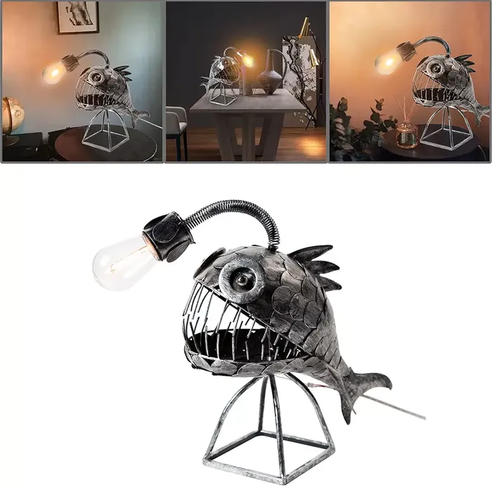 Rustic USB Angler Fish Lamp, Shark Lamp Steampunk Style Table Lamp, Steampunk Angler Fish Lamp, Anglerfish Lamp Retro Art Table Lamp