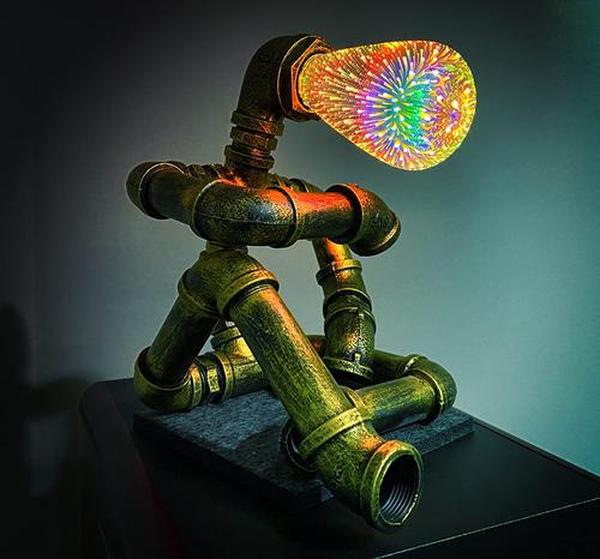 Steampunk Table Lamp, Creative Robot Style Desk Lamp Vintage Industrial Water Pipe Light For Bedside Table Nightstand Bar Restaurant Café photo review