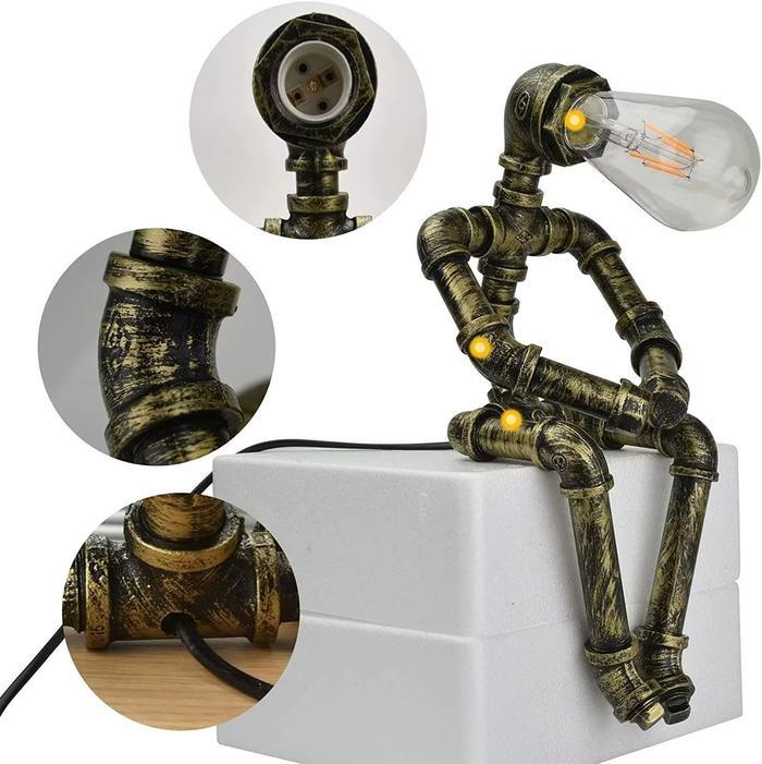 Steampunk Table Lamp, Retro Industrial Bronze Pipe Robot Desk Lamp