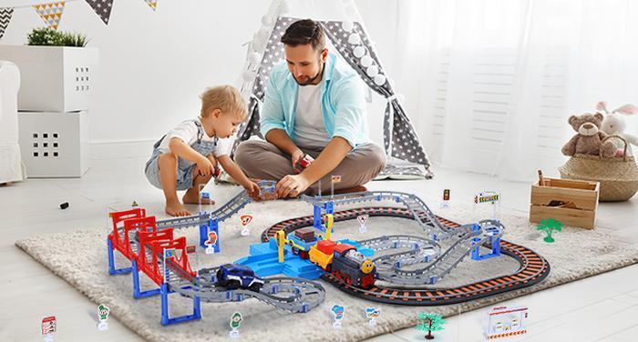 Toy Train Set for Toddlers, Train Track Set with Cars, Electric Train with Realistic Sound, Train Track Playset