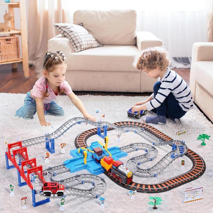 Toy Train Set for Toddlers, Train Track Set with Cars, Electric Train with Realistic Sound, Train Track Playset