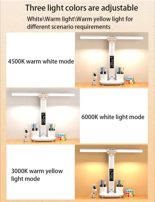 USB Rechargeable Dimmable LED Clock Table Lamp with 2 Heads and 180-Degree Rotation for Reading, Studying, and Night Light