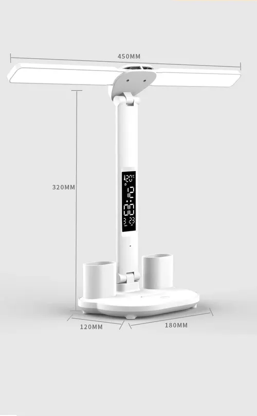 USB Rechargeable Dimmable LED Clock Table Lamp with 2 Heads and 180-Degree Rotation for Reading, Studying, and Night Light