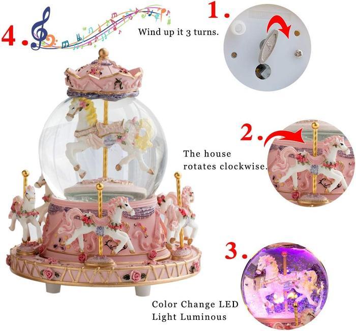 Wrapped Music Box Carousel Horses Color Lights, Unicorn Musical Snow Globe, Crystal Music Box Carousel